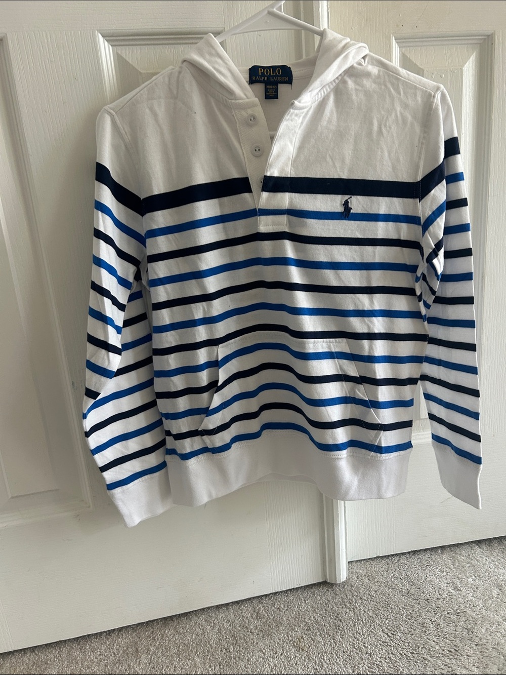 Polo by Ralph Lauren White Hooded Shirt with Navy & Blue Stripes